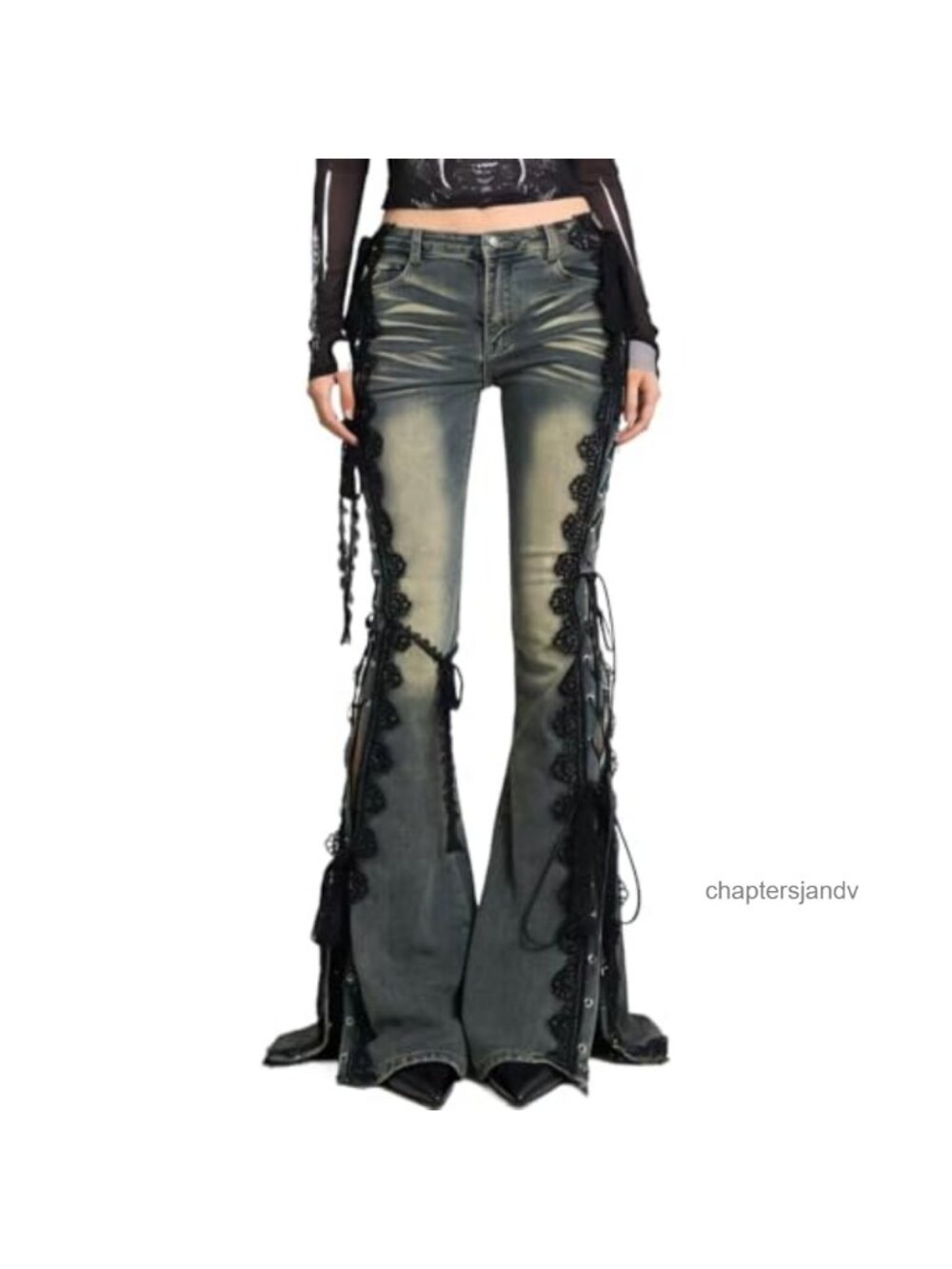 Y2K Low Rise Stretchy Flare Jeans Side Lace Up Button Slit Ankle